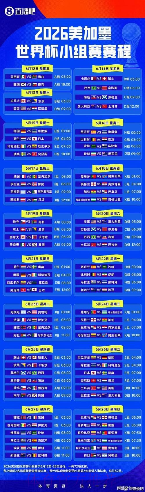 2026世界杯小组赛赛程完整版全程直播免费观看